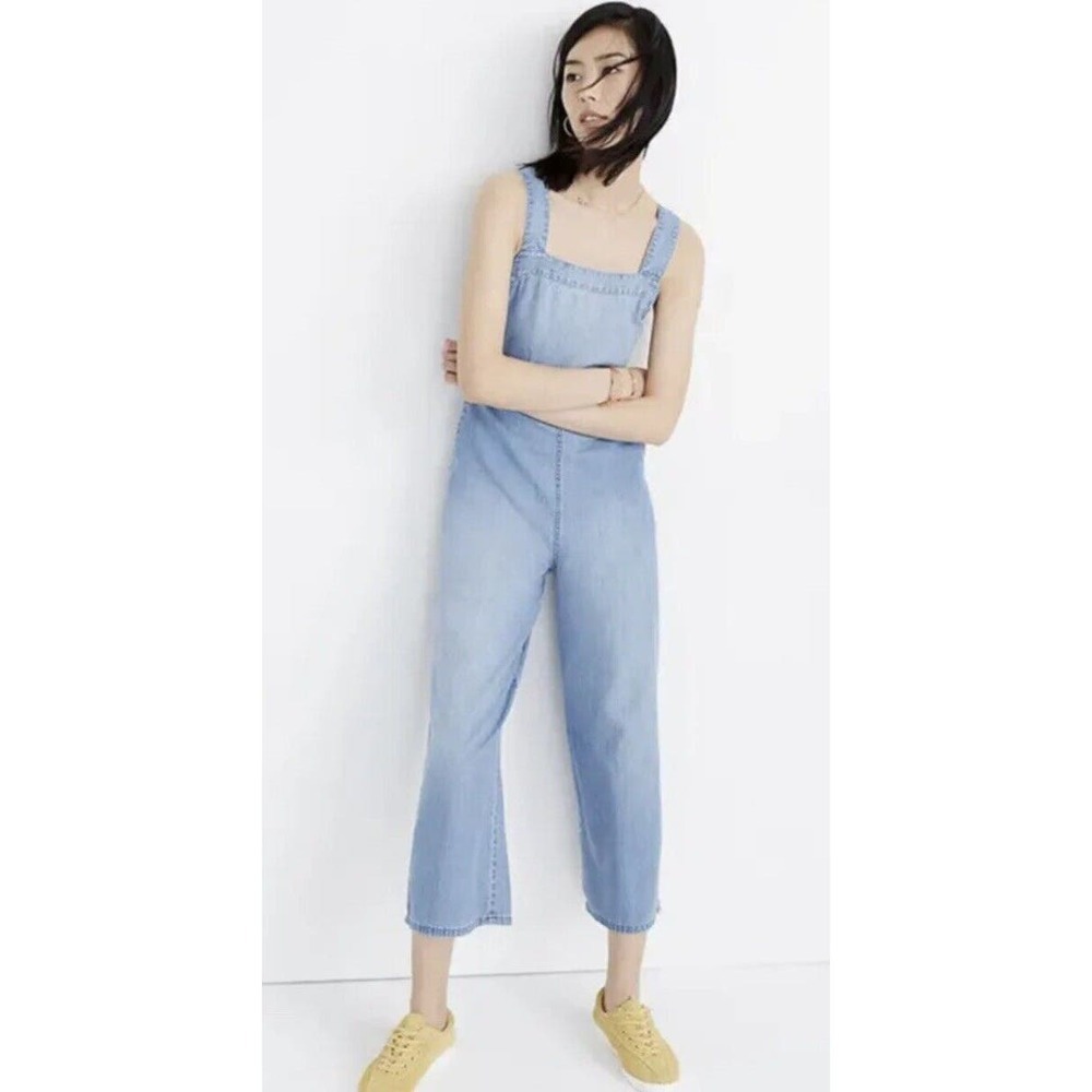 Madewell Women's Denim Open Back‎ Bow Jumpsuit Wide Leg Sleeveless Peekaboo